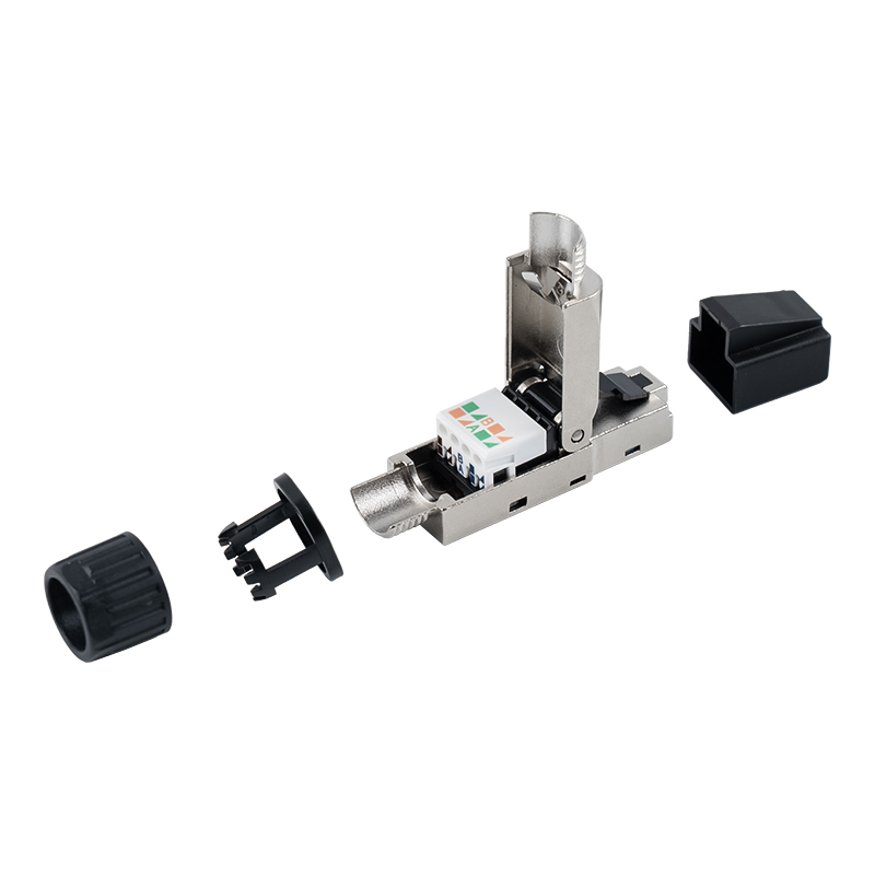 Cat7 Abgeschirmter werkzeugloser RJ45-Anschluss (mit Kunststoffkappen am Kopf und Kunststoffmuttern am Heck) RJ-G50S-2-C7
