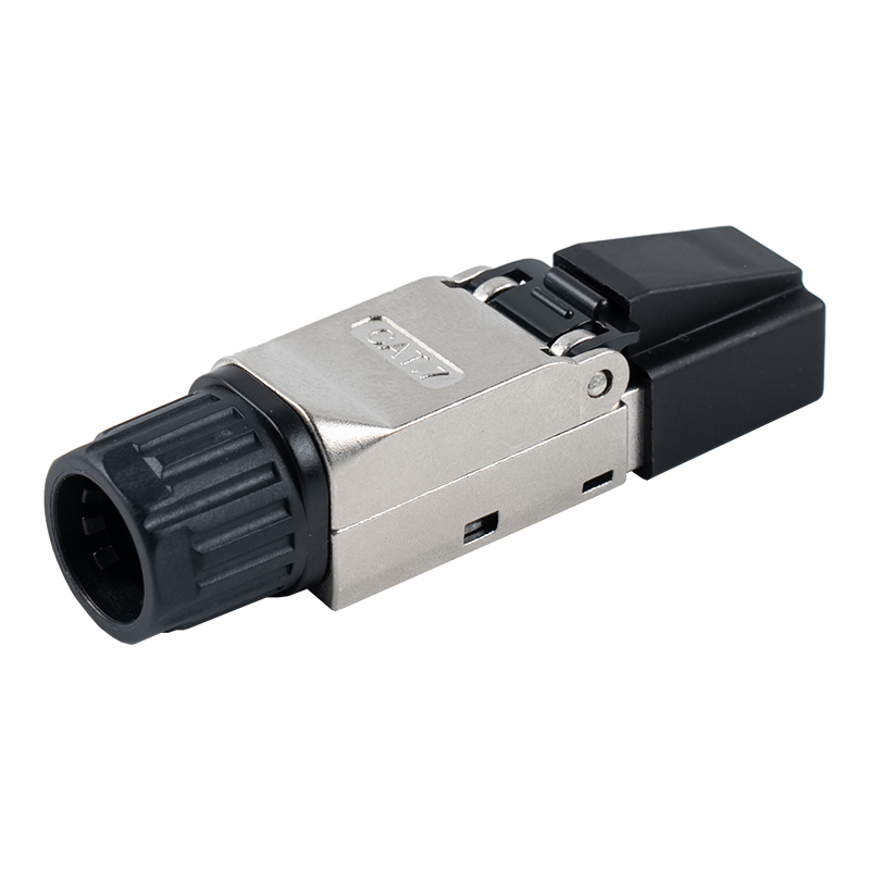 Cat7 Abgeschirmter werkzeugloser RJ45-Anschluss (mit Kunststoffkappen am Kopf und Kunststoffmuttern am Heck) RJ-G50S-2-C7